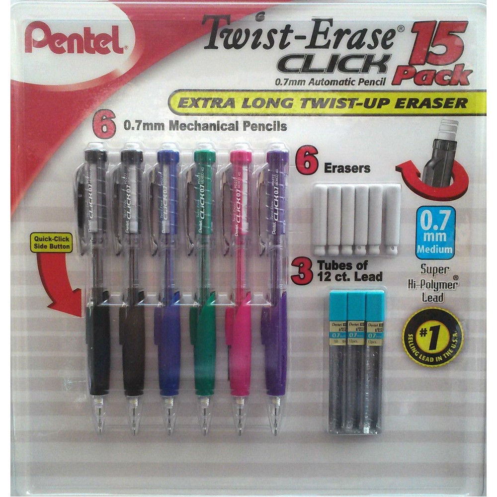 Pentel Twist Erase Click Contains 6 07Mm Automatic Pencils 6 Extra Long Eraser Refills 3 Tubes Of 12 Count Lead 1 Lb