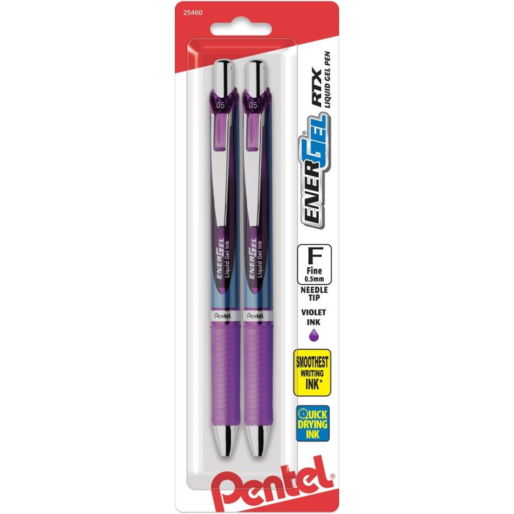 Pentel Gel Ink Pen Energel Rtx Retractable Gel Pen 05Mm Fine Point Needle Tip Violet Ink Bln75Bp2V