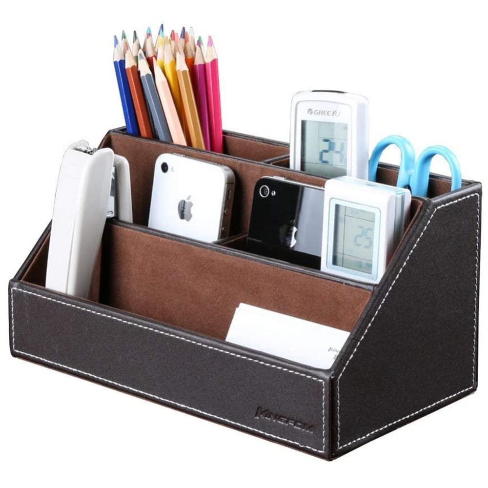 Kingfom Pu Leather Desk Organizer With 5 Compartments Holder Multifunctional Office Supplies Storage Caddy For Penpencil Pho