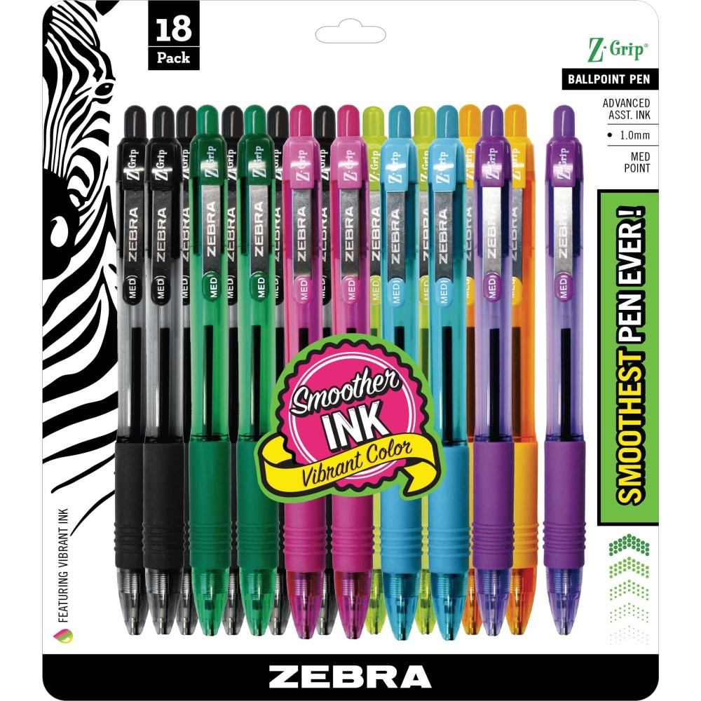 Zebra Pen Zgrip Retractable Ballpoint Pen Medium Point 10Mm Assorted Fashion Colors 18 Pieces 22208