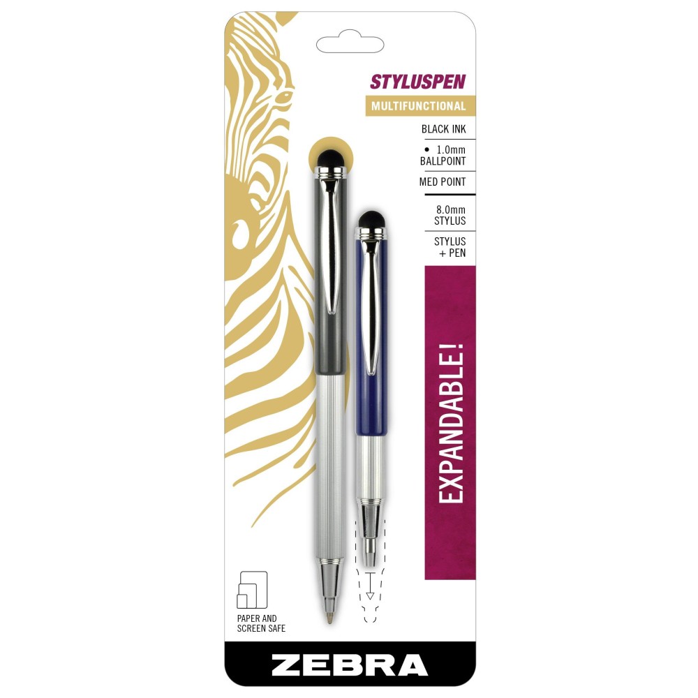 Zebra Pen Styluspen Telescopic Ballpoint Pen Medium Point 10Mm Black Ink Grey And Navy Barrels 2Count