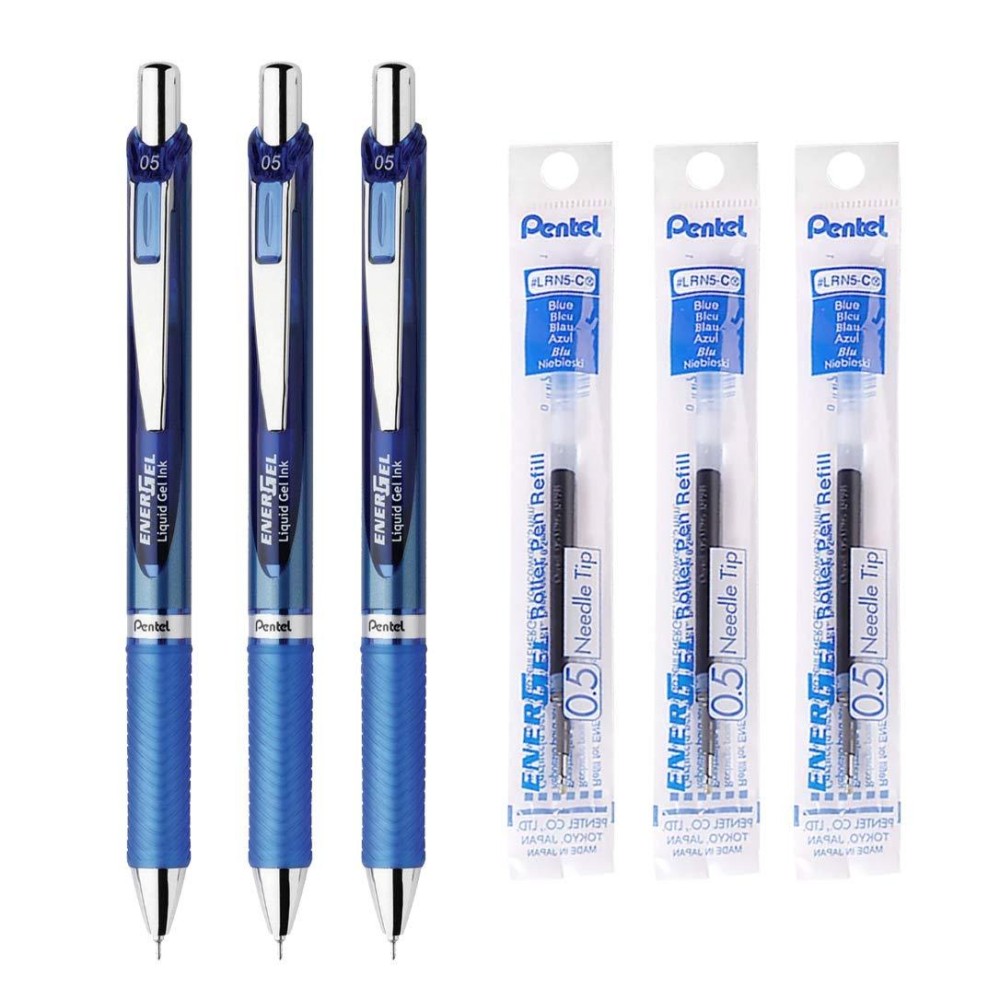 Pentel Energel Retractable Liquid Gel Pen 05Mm Blue Ink Blue Body 3 Pens 3 Ink Refills