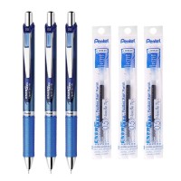 Pentel Energel Retractable Liquid Gel Pen 05Mm Blue Ink Blue Body 3 Pens 3 Ink Refills