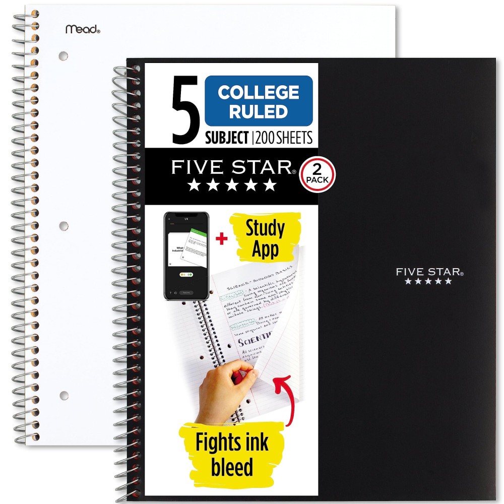 Five Star Spiral Notebooks Plus Study App 2 Pack 5 Subject College Ruled Paper 11 X 812 200 Sheets Black White 73