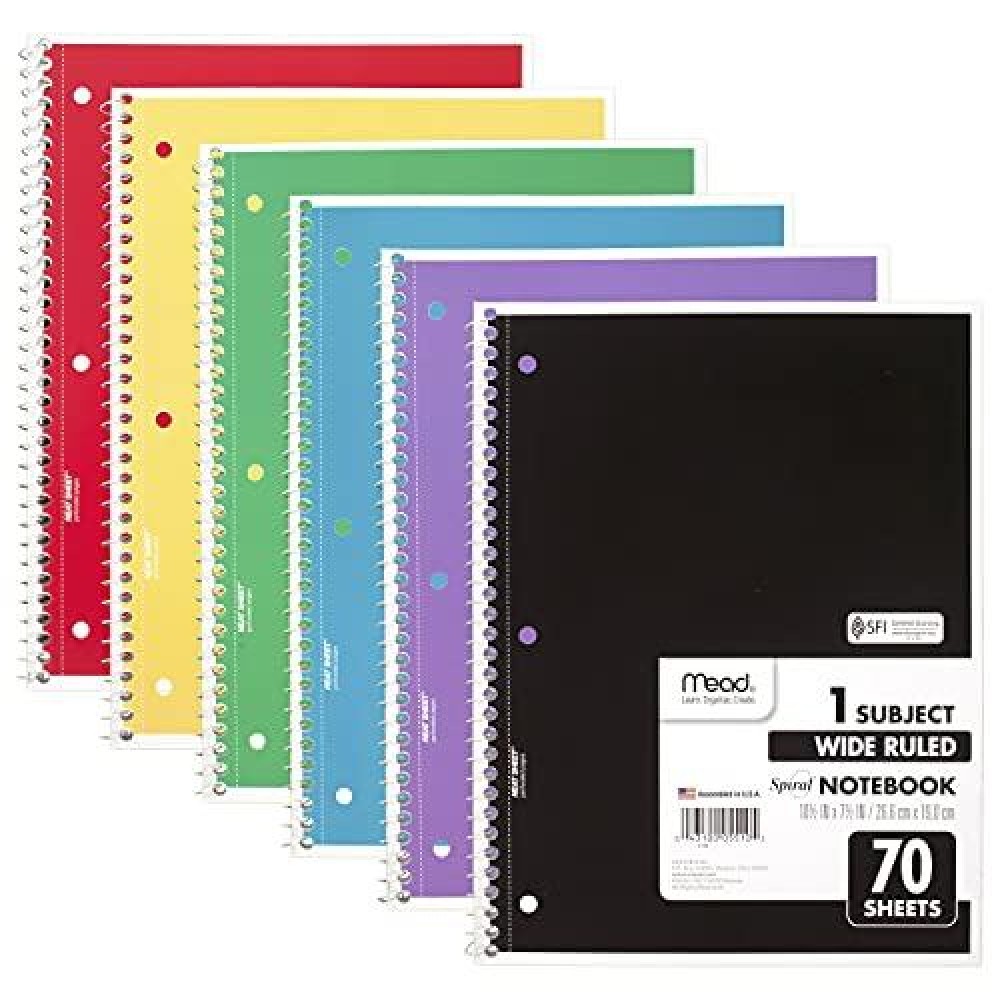 Mead Spiral Notebook 6 Pack 1Subject Wide Ruled Paper 712 X 1012 70 Sheets Per Notebook Color Will Vary 73063