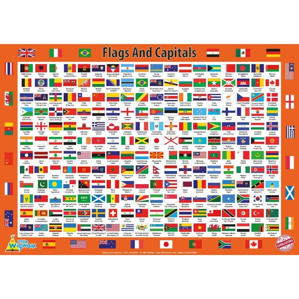 Little Wigwam Flags And Capitals No Tear Guarantee Educational Poster 60 X 42Cm Living Room