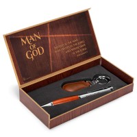 Dicksons Man Of God 2 Piece Metal Woodgrain Ballpoint Pen And Leatherette Keychain Gift Boxed Set