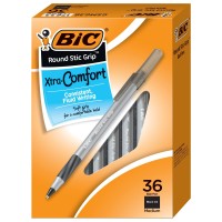 Bic Round Stic Grip Xtra Comfort Black Ballpoint Pens Medium Point 12Mm 36Count Pack Perfect Writing Pens With Soft Grip