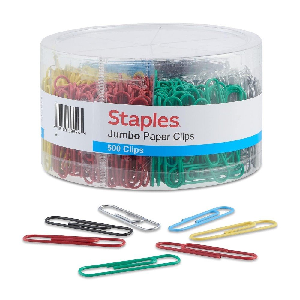 Staples 480109 Jumbo Vinyl Coated Paper Clips Smooth 500Tub