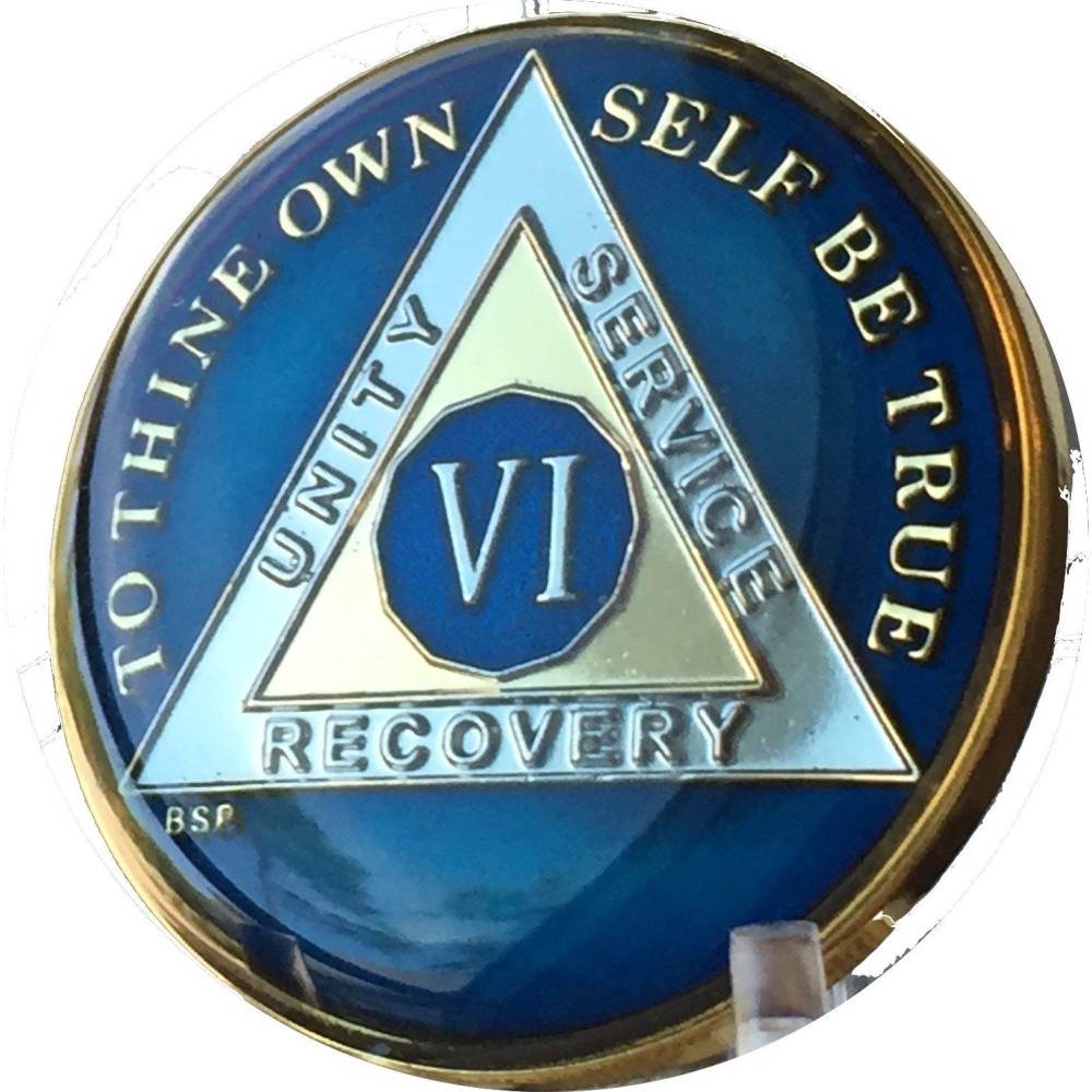 6 Year Midnight Blue Aa Medallion Chip Tri Plate Gold Nickel Plated Serenity Prayer