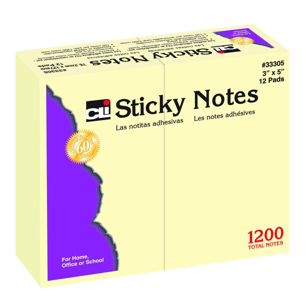 Charles Leonard Sticky Notes 3 X 5 Inch 100 Sheets Per Pad Yellow 12 Pack 33305