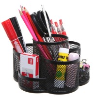 Mygift Rotating Black Metal Mesh Desktop Office Supplies Caddy With 7 Compartment For Pens Pencils Scissors And Accessories B