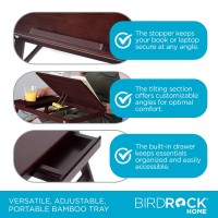 Birdrock Home Bamboo Laptop Bed Tray With Adjustable Tilt Surface Foldable Legs Pullout Storage Drawer Wooden Lap Desk For