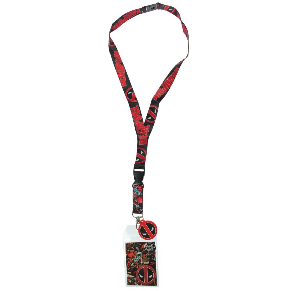 Marvel Deadpool Lanyard Id Holder With 2 Rubber Charm Pendant And Collectible Sticker