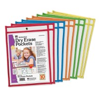 Charles Leonard Reusable Clear Dry Erase Pockets Holds Worksheets Up To 9 X 12 Inches Assorted Colored Piping 10Pack Of Po