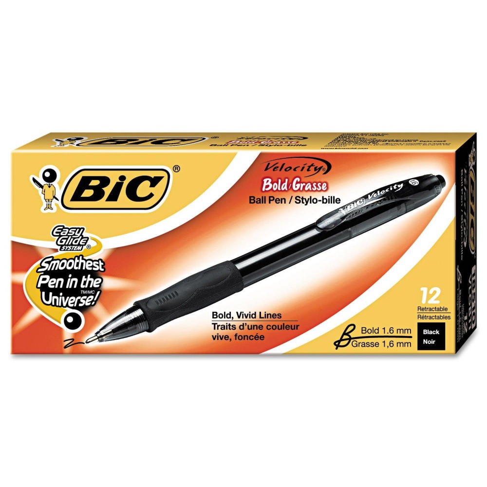 Bic Vlgb11Bk Velocity Retractable Ballpoint Pen Black Ink 16Mm Bold Dozen