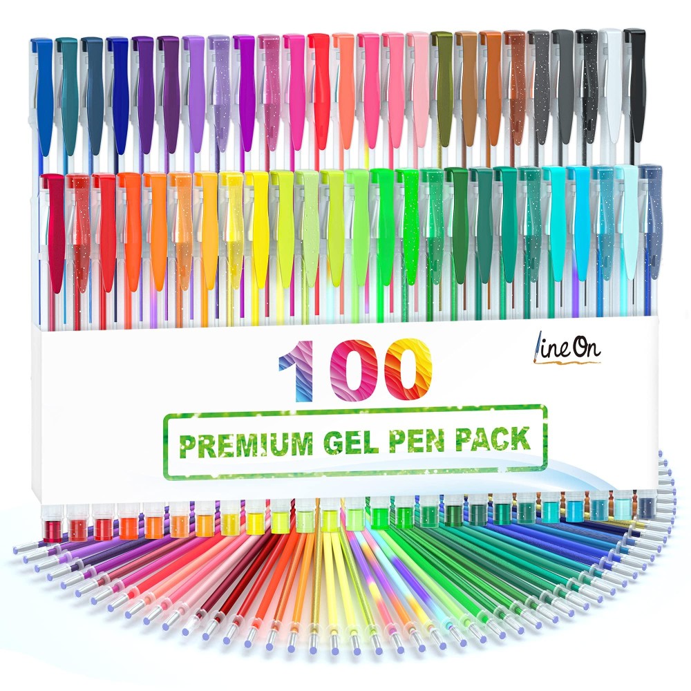 Lineon 100 Pack Gel Pens Set 50 Colors Gel Pens With 50 Refills Gel Pen Set For Adult Coloring Books Drawing Doodling Art Marke