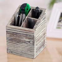 Mygift Torched Brown Wood Desktop Caddy With 4 Compartments Cubed Shaped Office Supply Pen Pencil Cup Holder Storage Box Organi