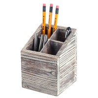 Mygift Torched Brown Wood Desktop Caddy With 4 Compartments Cubed Shaped Office Supply Pen Pencil Cup Holder Storage Box Organi