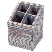 Mygift Torched Brown Wood Desktop Caddy With 4 Compartments Cubed Shaped Office Supply Pen Pencil Cup Holder Storage Box Organi