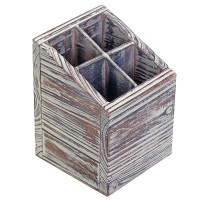 Mygift Torched Brown Wood Desktop Caddy With 4 Compartments Cubed Shaped Office Supply Pen Pencil Cup Holder Storage Box Organi