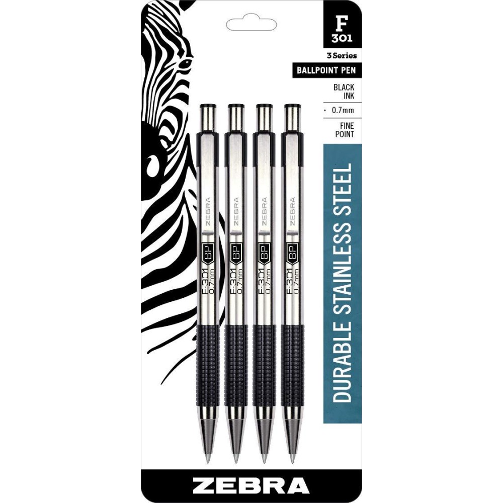 Zebra Pen F301 Retractable Ballpoint Pen Stainless Steel Barrel Fine Point 07Mm Black Ink 4Pack Packaging May Vary