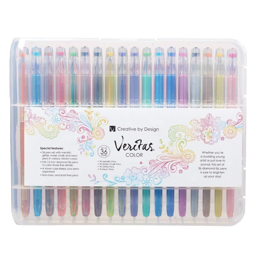 Christian Art Gifts Veritas Gel Pen Set 36 Pack Assorted Color Variety 9 Metallic 9 Water Chalk 9 Glitter 9 Neon Nontox