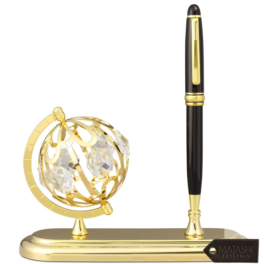 Matashi Highly Polished Executive Desk Set With Pen And 24K Gold Plated Globe Ornament 1 Best Gift For Fathers Day Birthda