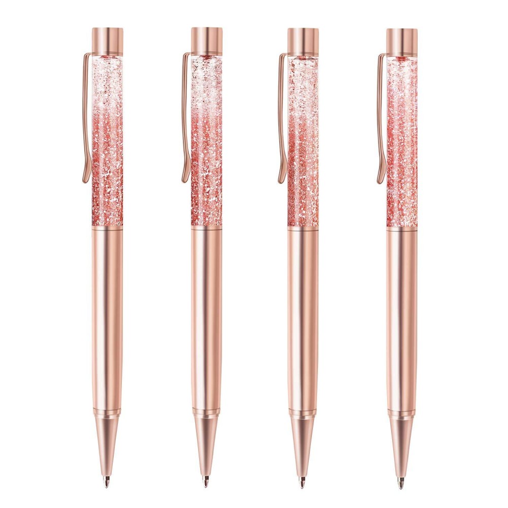 Zztx 4 Pcs Rose Gold Ballpoint Pens Metal Pen Cute Bling Dynamic Liquid Sand Pen With Refills Black Ink Office Supplies Gift Pen