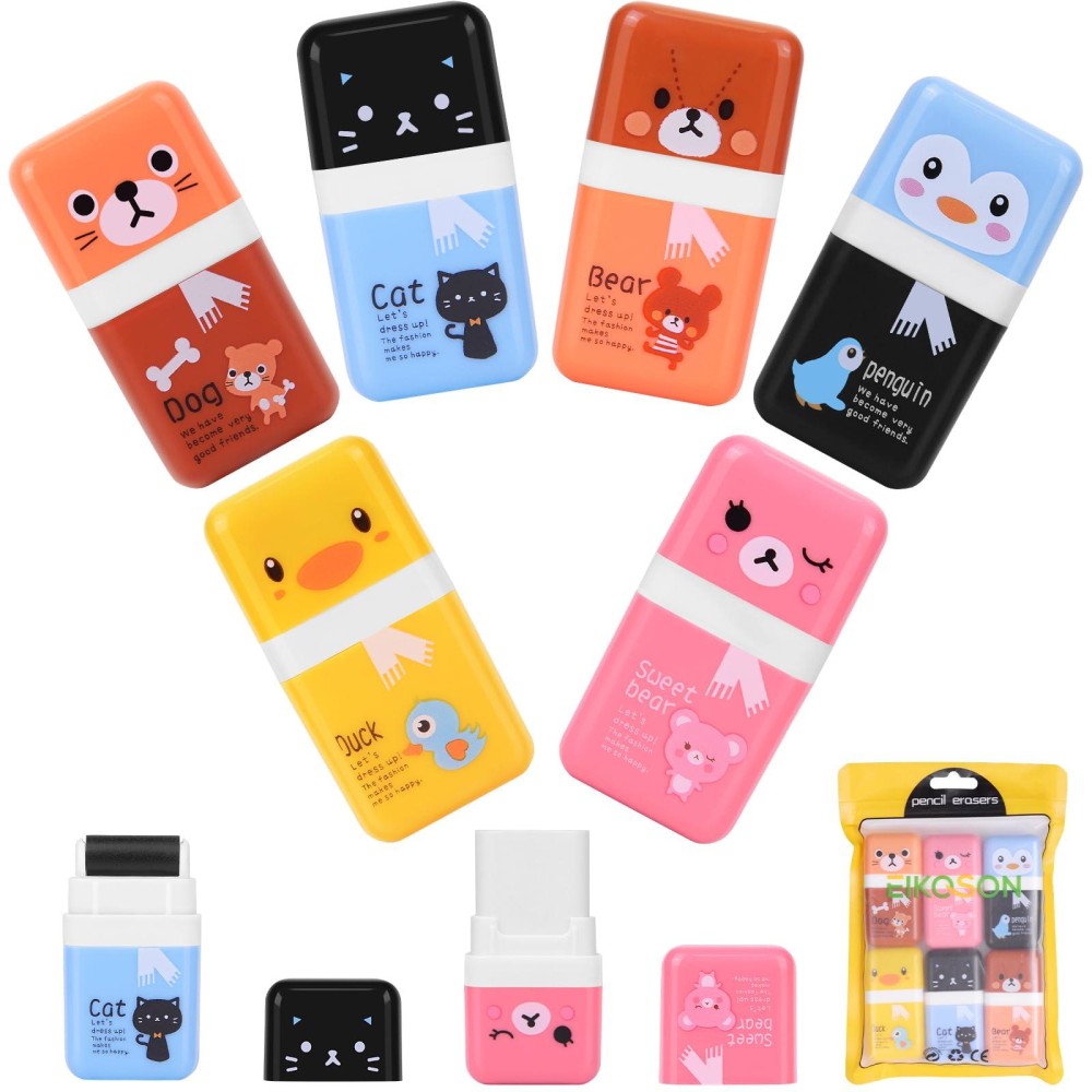 Eikoson 6 Pack Of Pencil Erasers Kids Eraser With Roller And Cover Fun And Cute Animal Themed Eraser Great Gift For Kid Of Cu