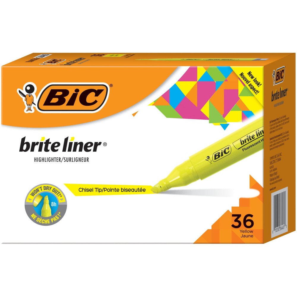 Bic Brite Liner Highlighter Tank Style Chisel Tip Box Of 36 Yellow Highlighters