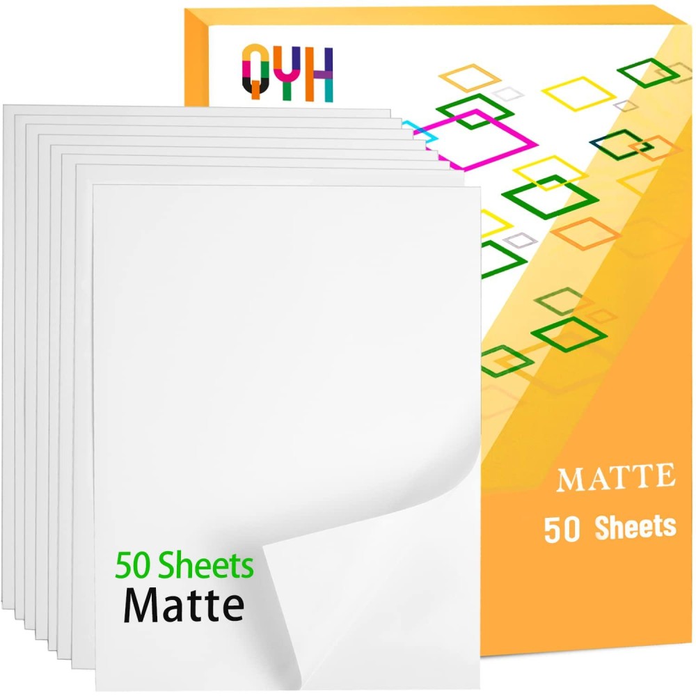 Qyh Premium Printable Vinyl Sticker Paper 50 Matte White Waterproof Decal Paper Sheets For Inkjet Printer Standard Letter Size