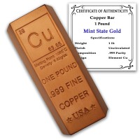 1 Pound Copper Bar Ingot Paperweight 999 Pure Chemistry Element Design With Certificate Of Authenticity By Mint State Gold