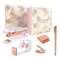 Owfeel Desk Accessory Kits Rose Gold 4Pcs Acrylic Stapler Tape Dispenser Set Tape Stapler Desk Set Rose Gold As The Hallowe