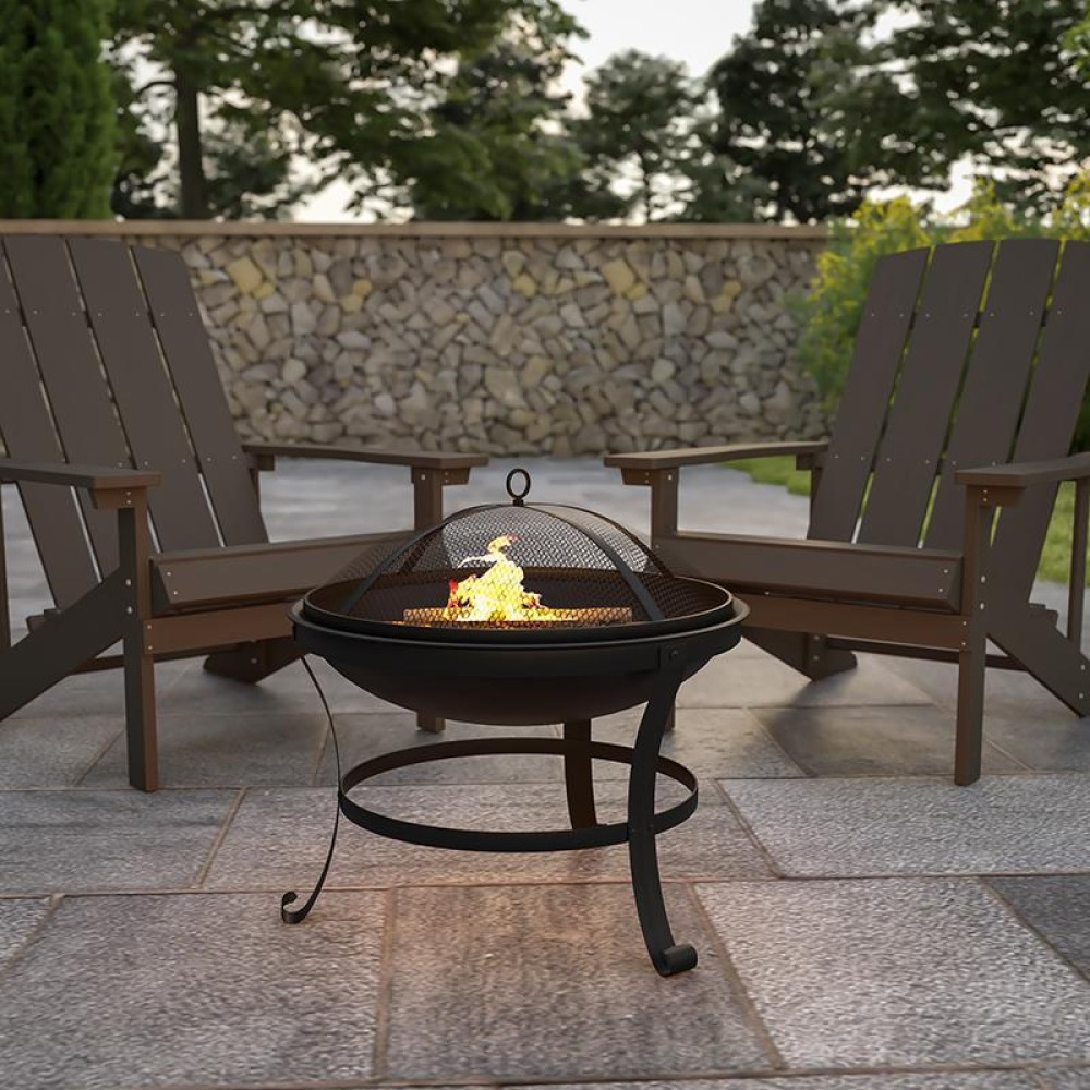22 Round Wood Burning Firepit with Mesh Spark Screen and Poker