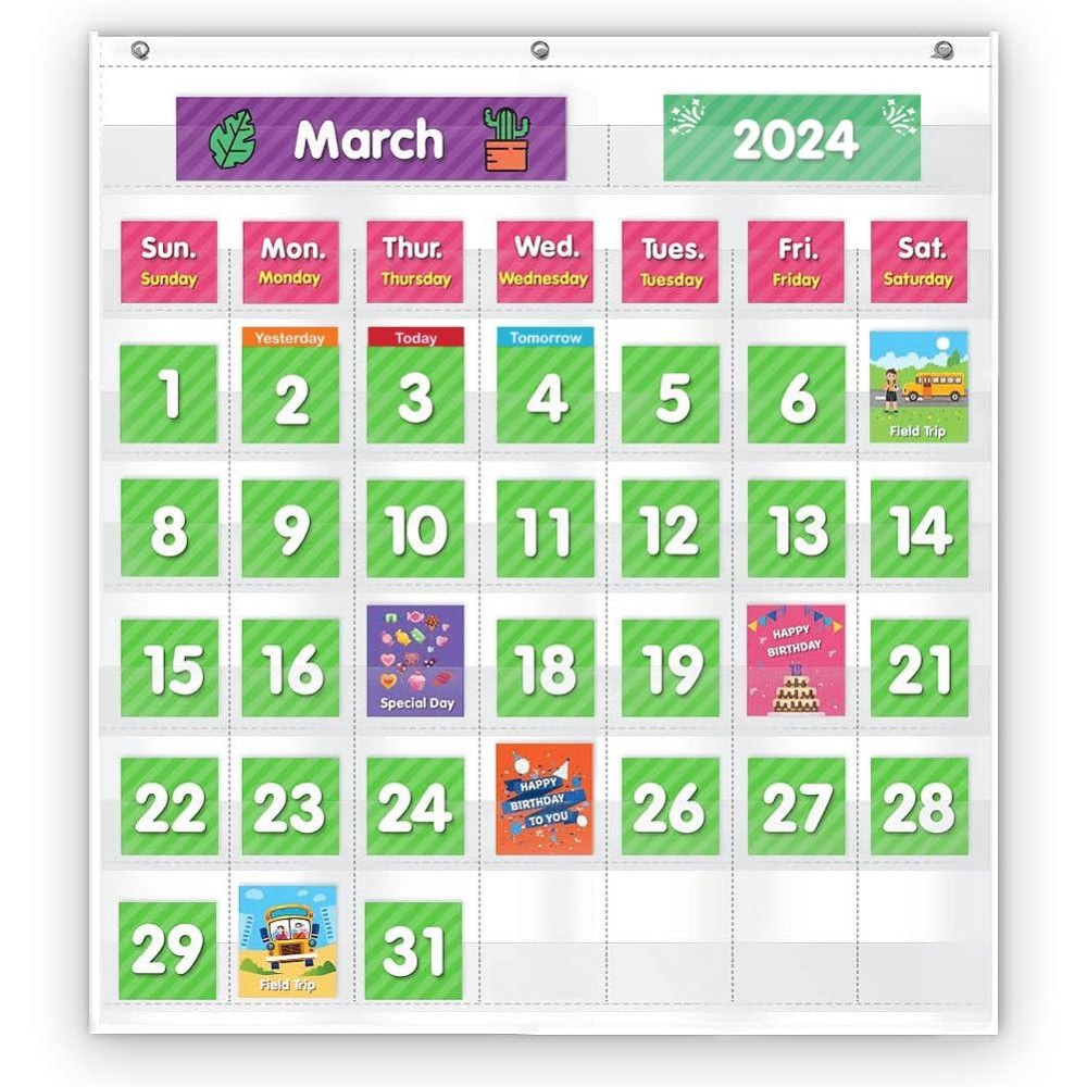 Eamay Classroom Monthly Calendar Pocket Chart With 71 Cards For Kids Learning For Home White