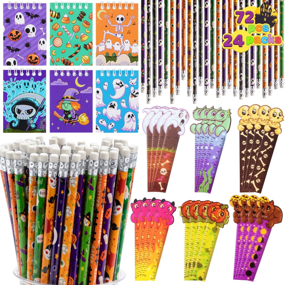 Joyin 72 Pcs Halloween Assorted Stationery Set 24 Packs Halloween Theme Pencils Rulers And Notepads Party Favor Set For Kids H