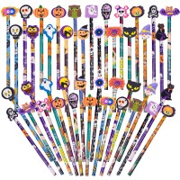 Kolewo4Ever 50 Pieces Halloween Pencils Ghost Pumpkin Wood Pencils With With Giant Spider Bat Wizard Pumpkin Cat Eraser Assortme