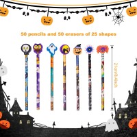 Kolewo4Ever 50 Pieces Halloween Pencils Ghost Pumpkin Wood Pencils With With Giant Spider Bat Wizard Pumpkin Cat Eraser Assortme