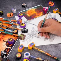 Kolewo4Ever 50 Pieces Halloween Pencils Ghost Pumpkin Wood Pencils With With Giant Spider Bat Wizard Pumpkin Cat Eraser Assortme