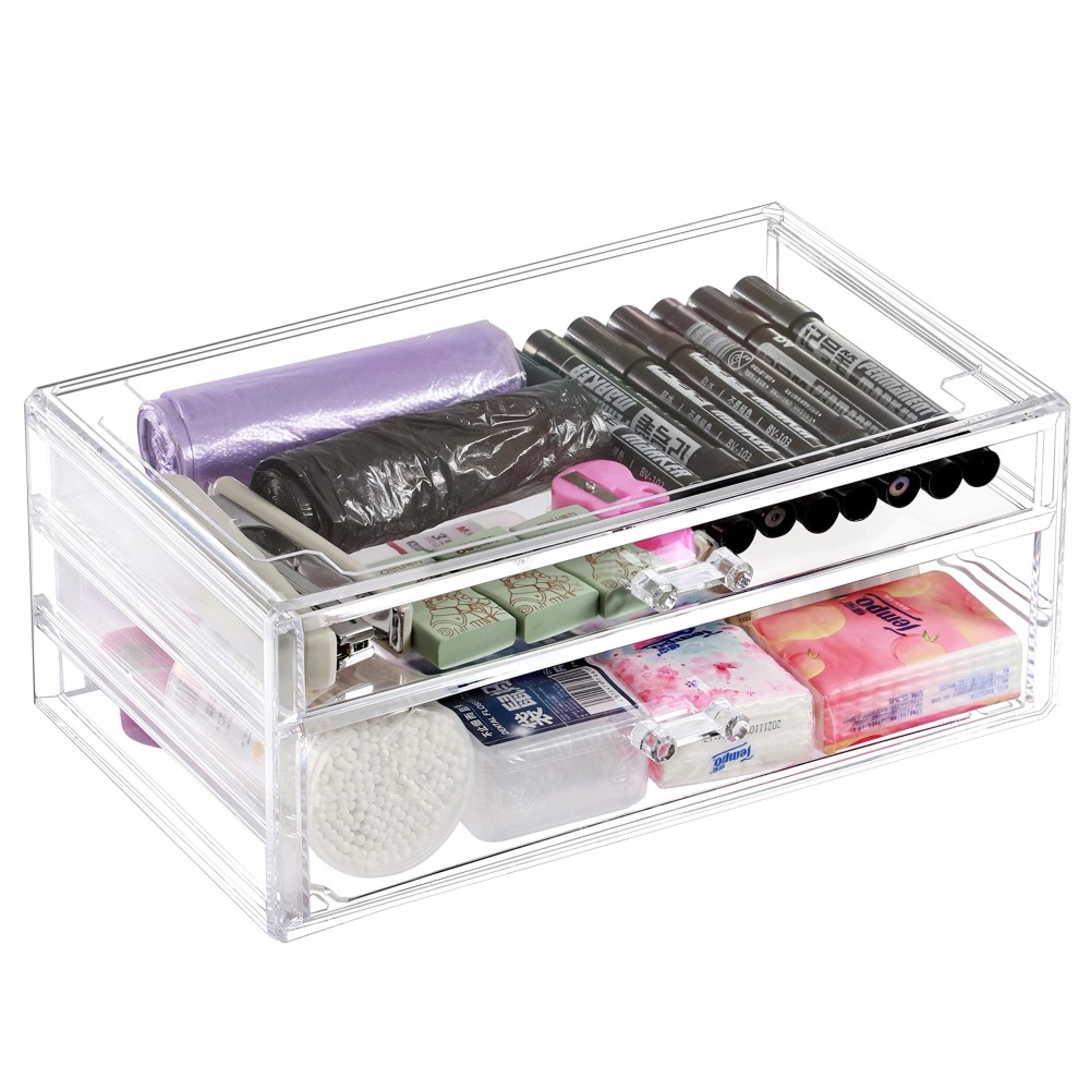 Cq Acrylic Black Organizing Containers Countertop 2 Drawers Stackable Storage Bins Stationary Organizer For Vanity Hair Accesso