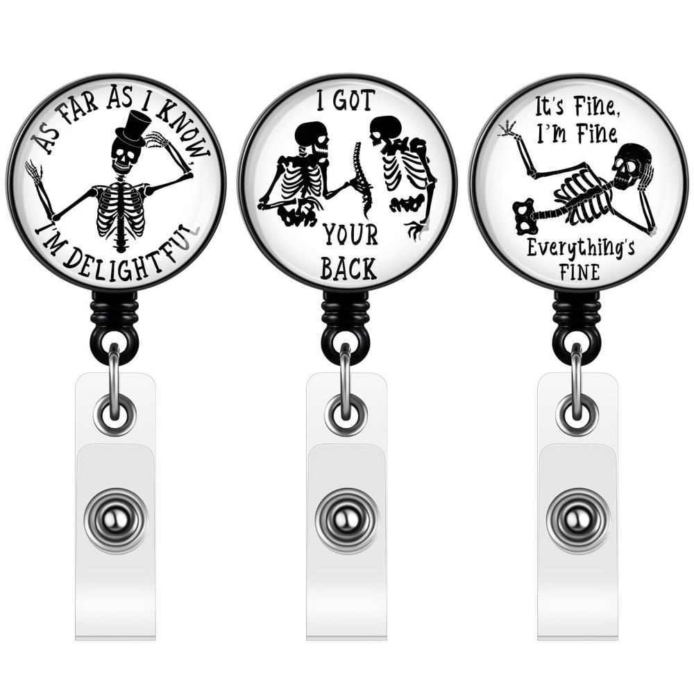 Tenare 3 Pieces Halloween Xray Badge Reel Retractable Radiology Tech Gifts Day Of Dead Badge Reel Holder Bones Skeleton Skull Ch