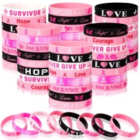 Junebrushs 64Pcs Breast Cancer Awareness Silicone Bracelets Hope Faith Strength Courage Accessories Wristbands For Women Breast