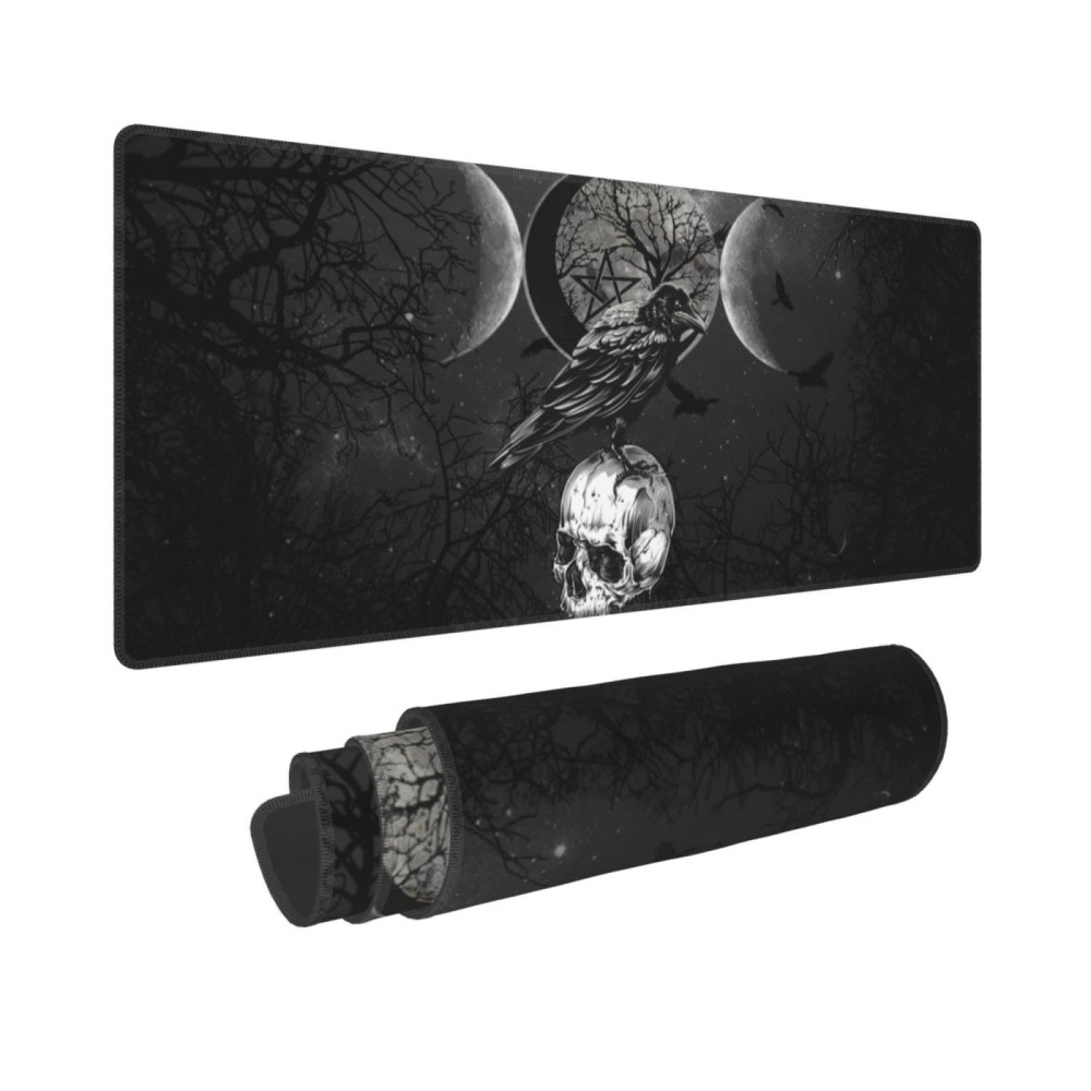 Triple Moon Crow Skull Galaxy Halloween Mouse Pad Xl Extended Desk Mat Non Slip Rubber Base Stitched Edge Gaming Pc Desktop Lar