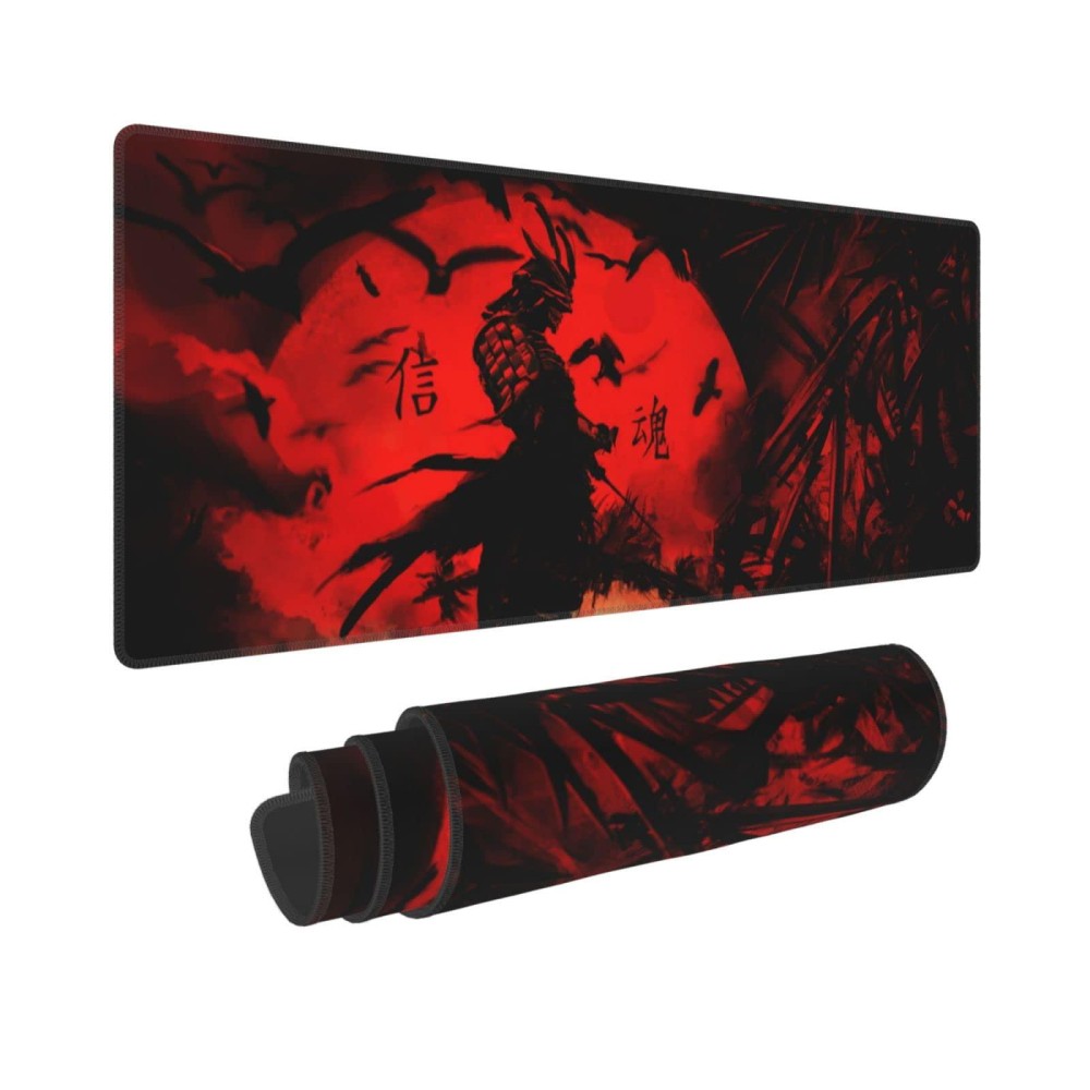 Japanese Samurai Cool Anime Red Sun Black Bat Halloween Mouse Pad Xl Extended Desk Mat Non Slip Rubber Base Stitched Edge Gamin