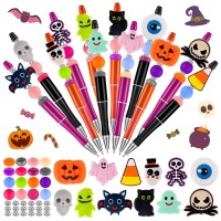 Ffniu Halloween Beadable Pens Plastic Bead Pens With 12 Pcs Silicone Beads Pumpkin Bat Skull Pens For Halloween Present School