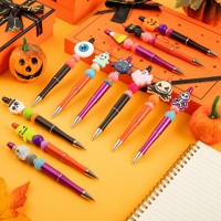 Ffniu Halloween Beadable Pens Plastic Bead Pens With 12 Pcs Silicone Beads Pumpkin Bat Skull Pens For Halloween Present School