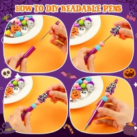 Ffniu Halloween Beadable Pens Plastic Bead Pens With 12 Pcs Silicone Beads Pumpkin Bat Skull Pens For Halloween Present School