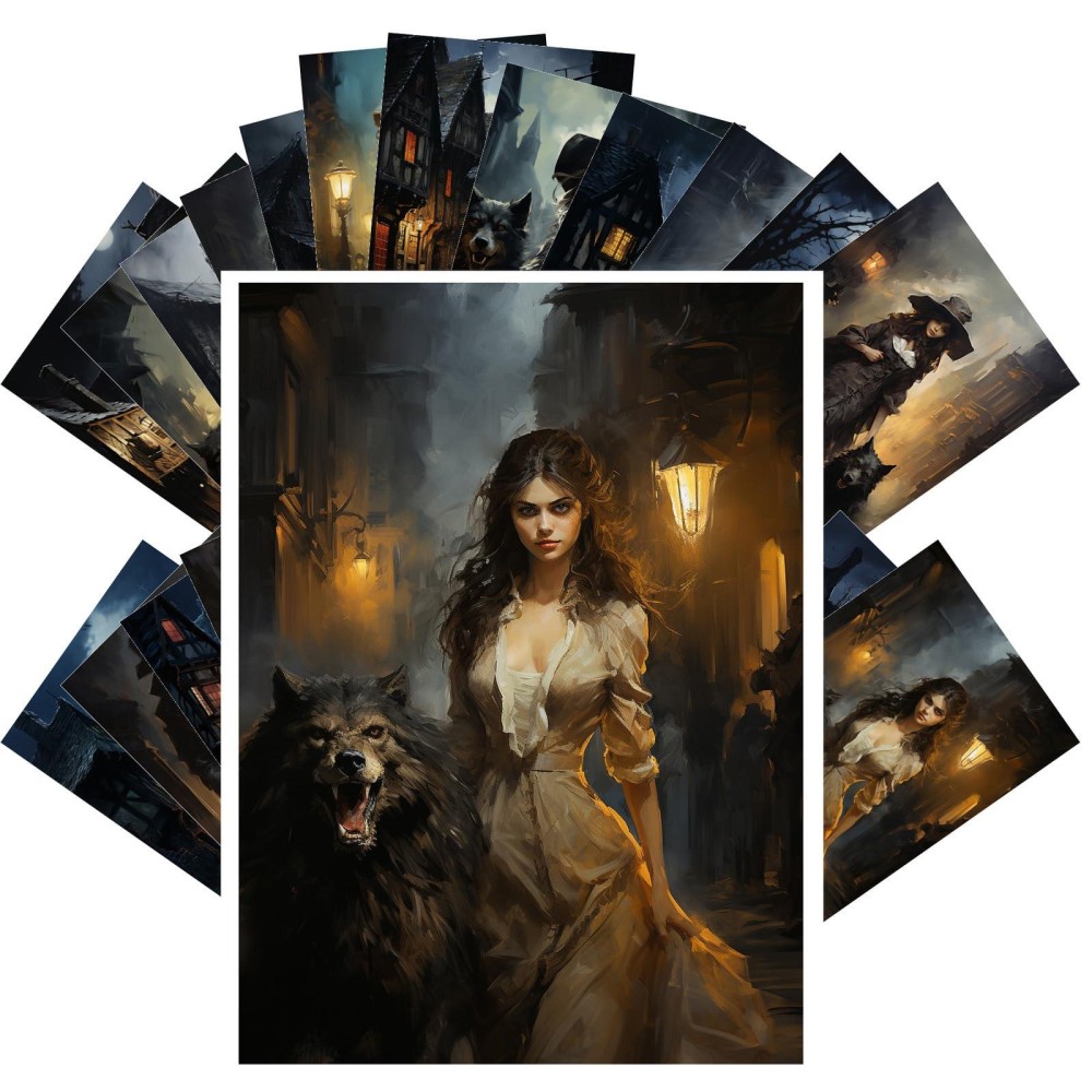 Pixiluv Vintage Postcards 24 Pcs 4X6 Each Spooky Witches With Werewolf Walking The Streets At Night Victorian Town Vintage