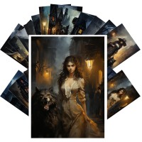 Pixiluv Vintage Postcards 24 Pcs 4X6 Each Spooky Witches With Werewolf Walking The Streets At Night Victorian Town Vintage